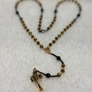Gold and Black Beaded Necklace with Cross Pendant